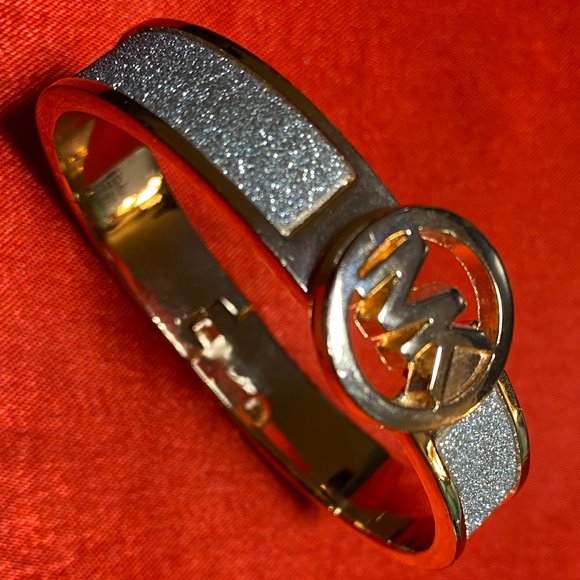 Michael Kors Shimmering Silver on Rose Gold Tone Hinged Bangle Bracelet - Picture 1 of 5
